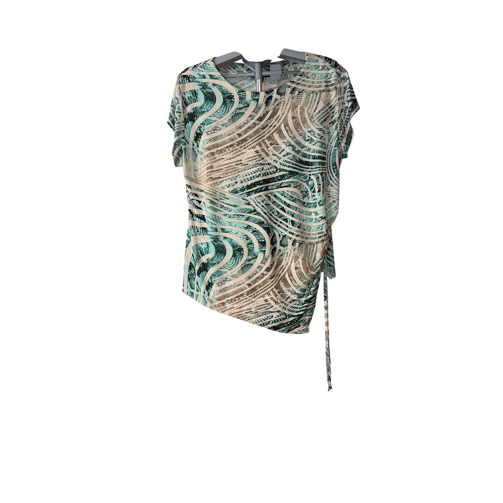 N Touch Womens XL Teal Tan Abstract Swirl Snakeskin Asymmetrical Side Tie Blouse